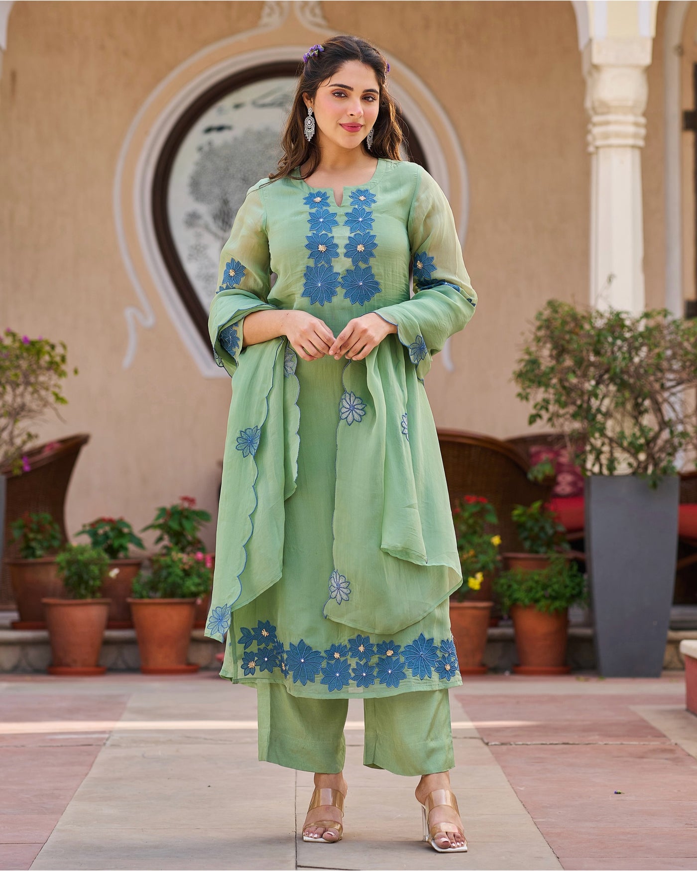 Sage Emerald Petals Applique Organza Suit