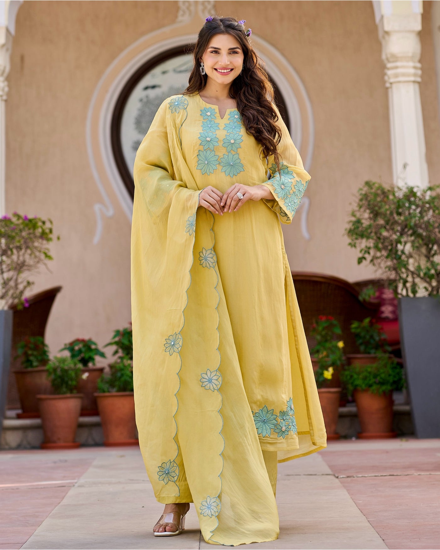 Lemon Skyflower Applique Organza Suit