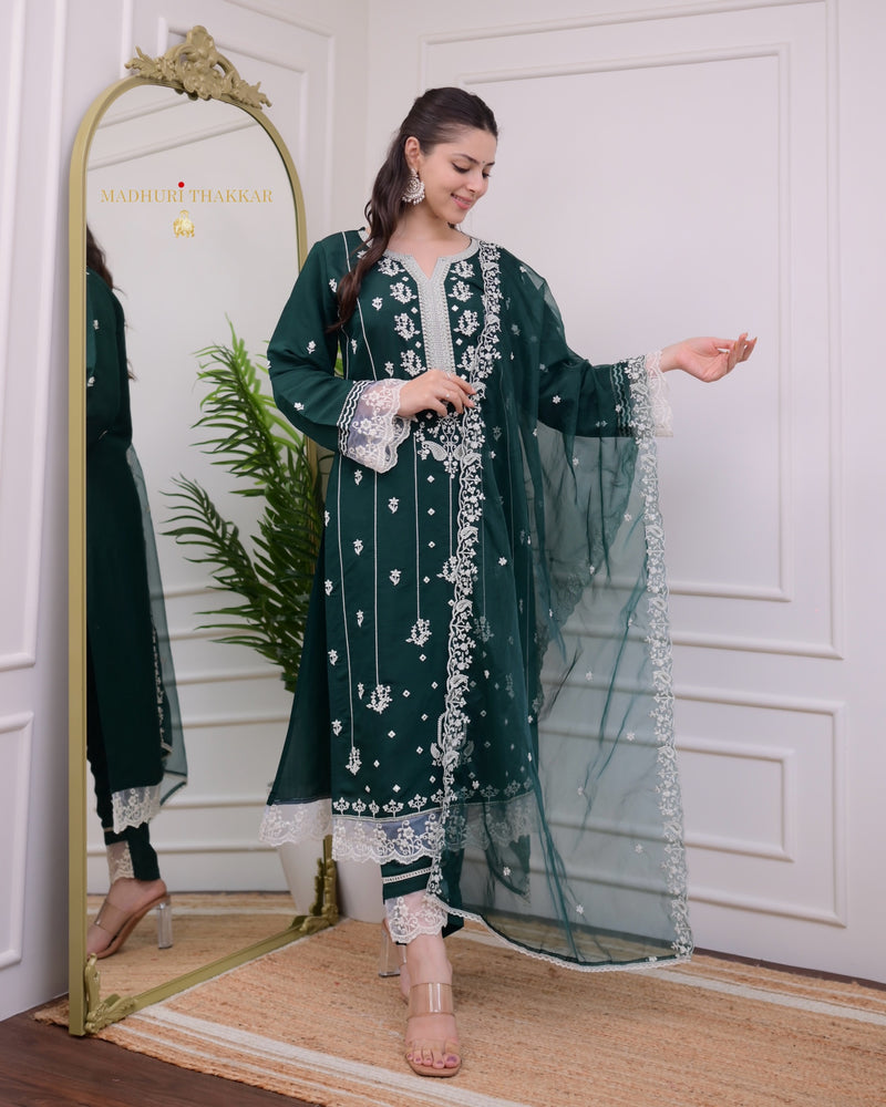Bottle Green Lucknowi Silk Suit