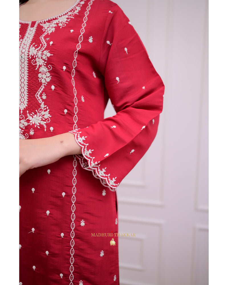 Red Lucknowi Silk Suit