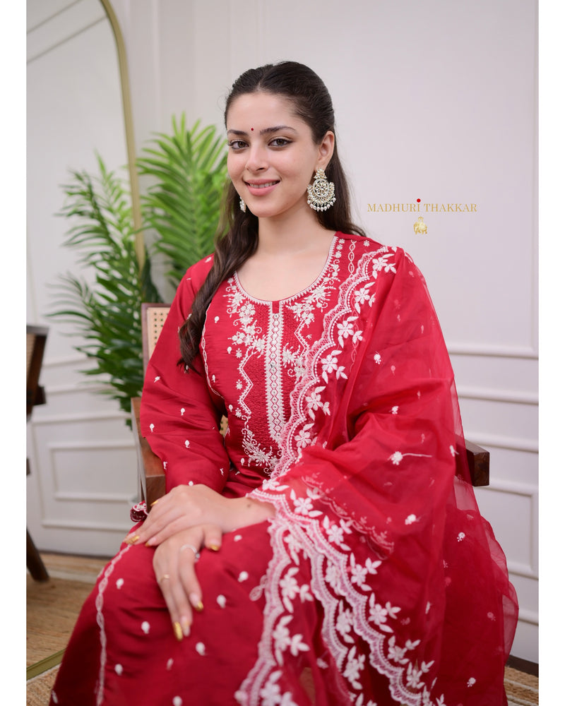 Red Lucknowi Silk Suit