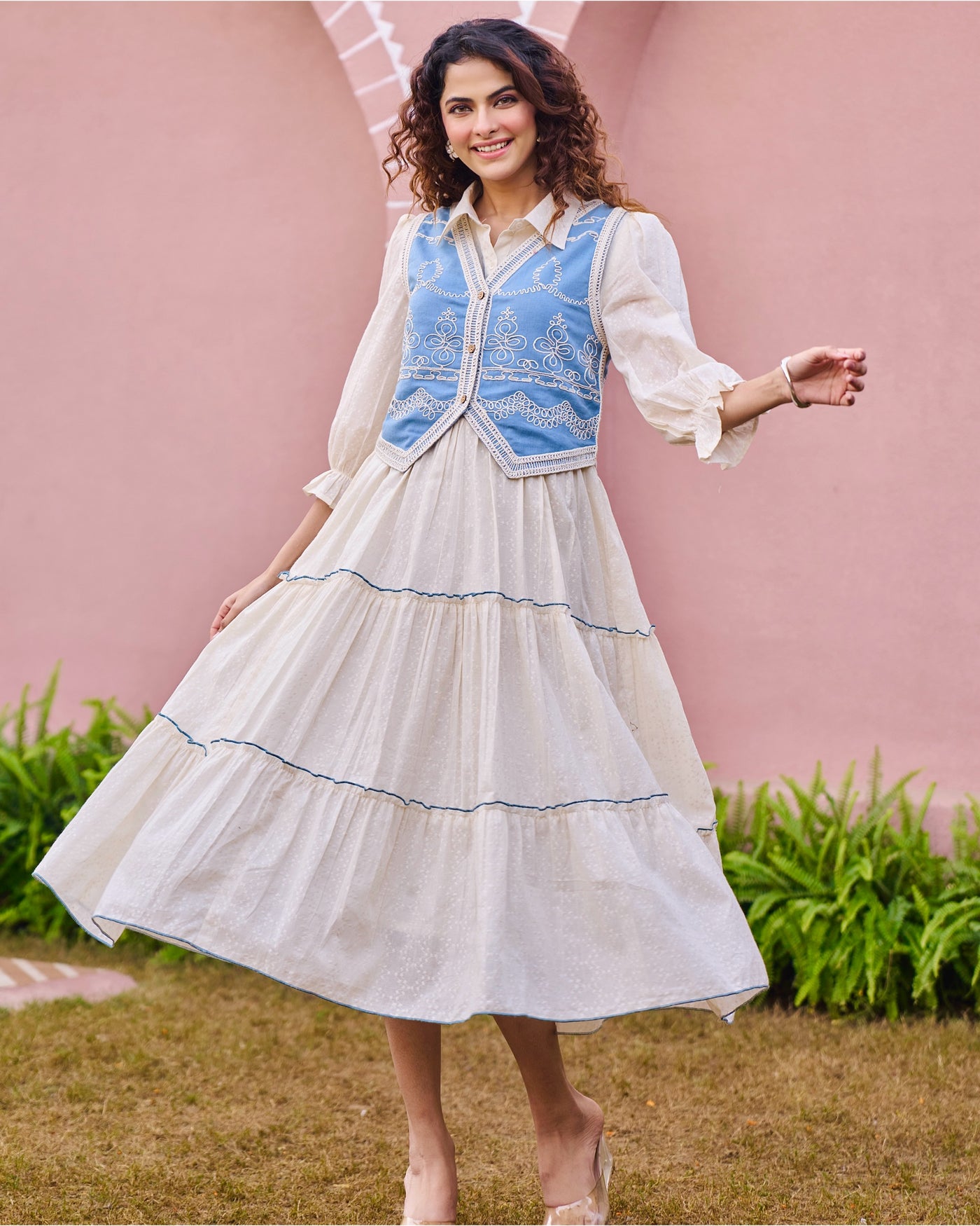 Ivory Blue Threadwork French Countryside A Line Cotton Dress