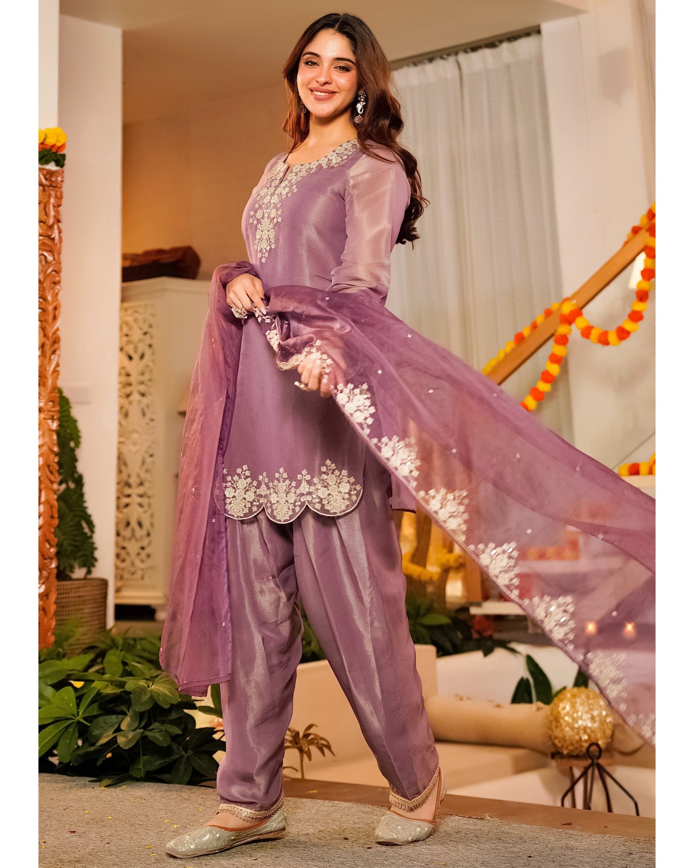 Lilac Shimmer Tissue Handwork Farshi Shalwar Suit