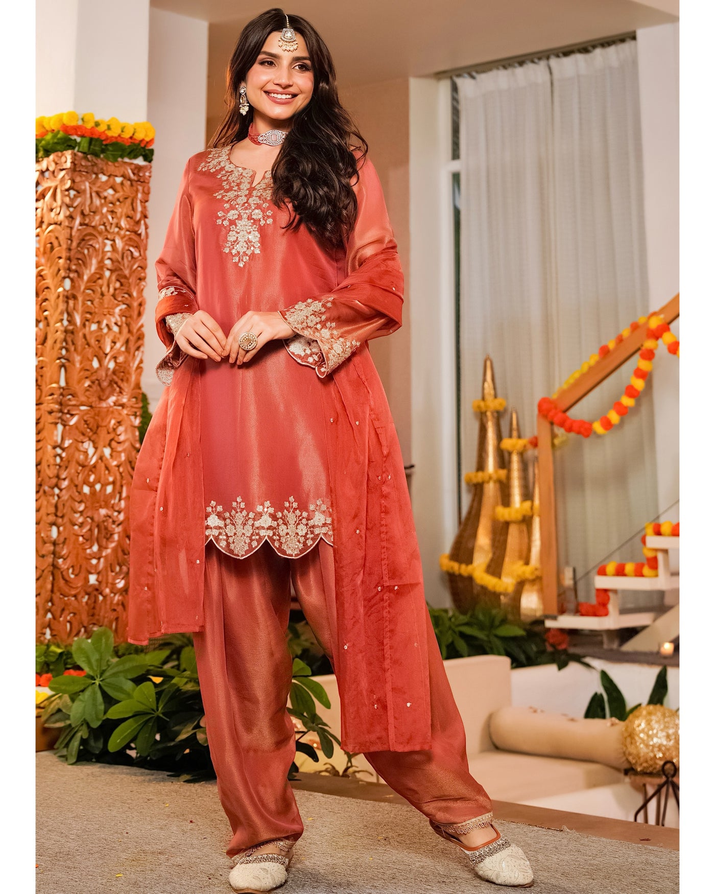 Saffron Shimmer Tissue Handwork Farshi Shalwar Suit