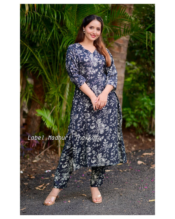 Black Floral Sequin Muslin Kurta Set