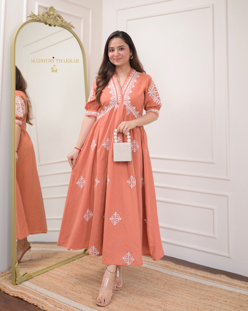 Peach Thread Embroidered A Line Dress