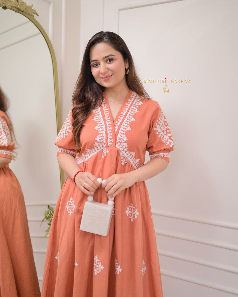 Peach Thread Embroidered A Line Dress