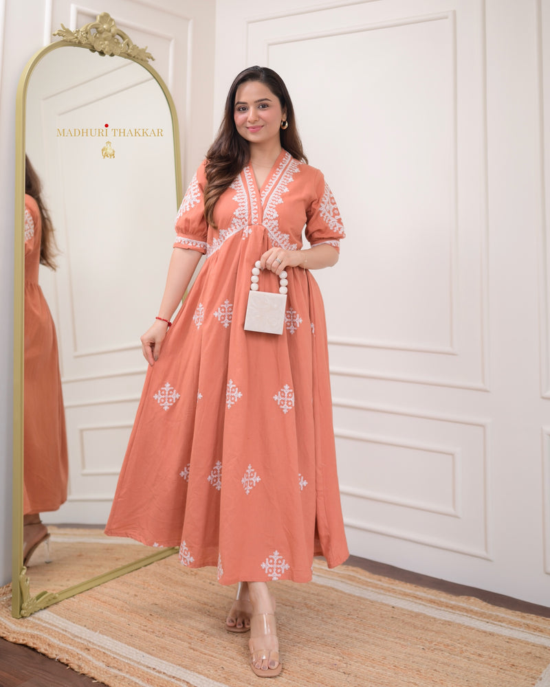 Peach Thread Embroidered A Line Dress