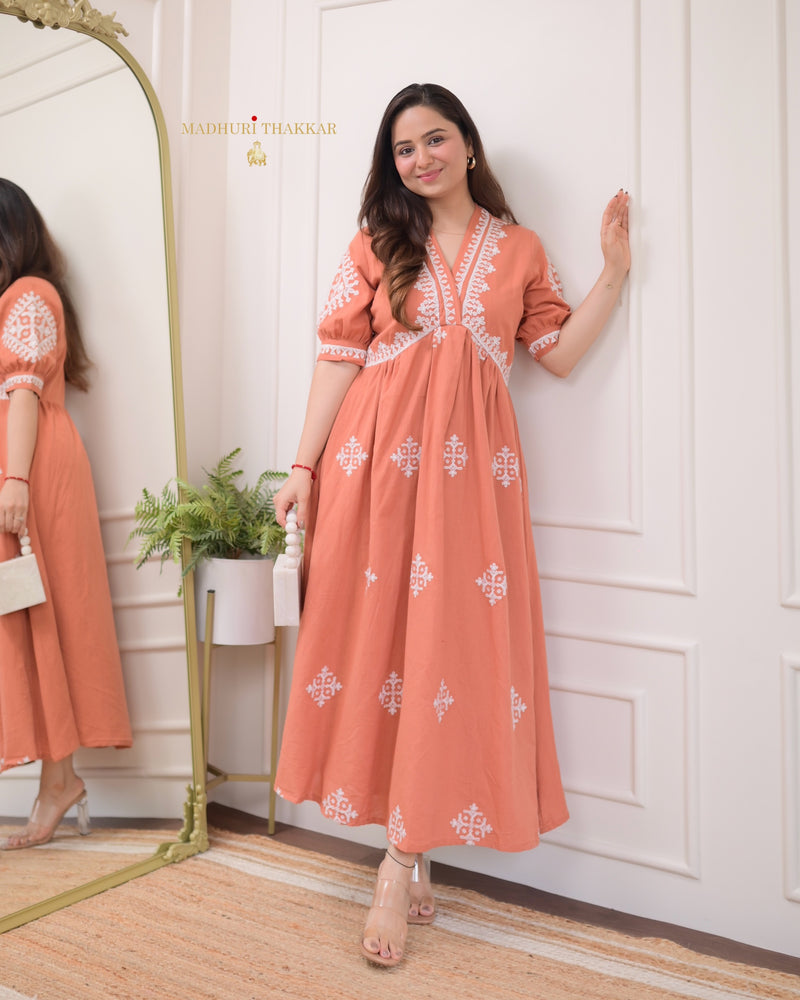 Peach Thread Embroidered A Line Dress
