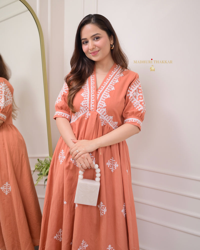 Peach Thread Embroidered A Line Dress