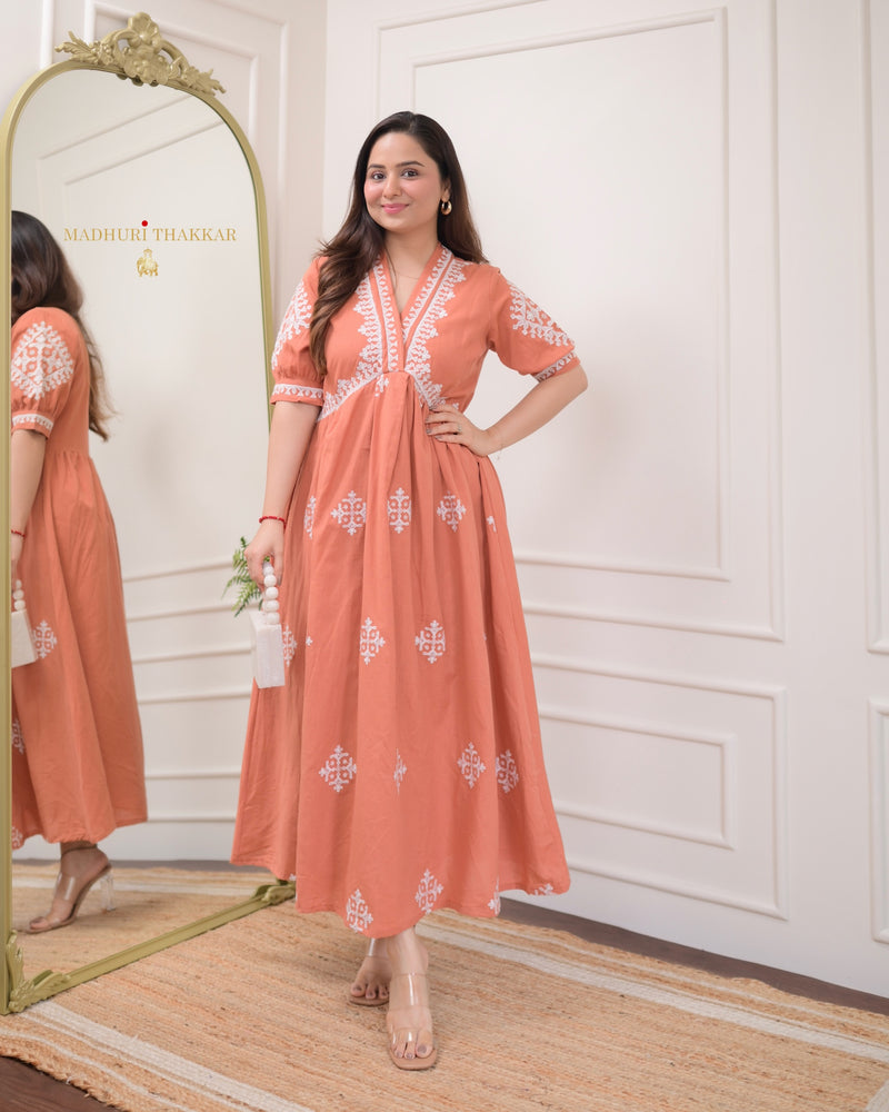 Peach Thread Embroidered A Line Dress