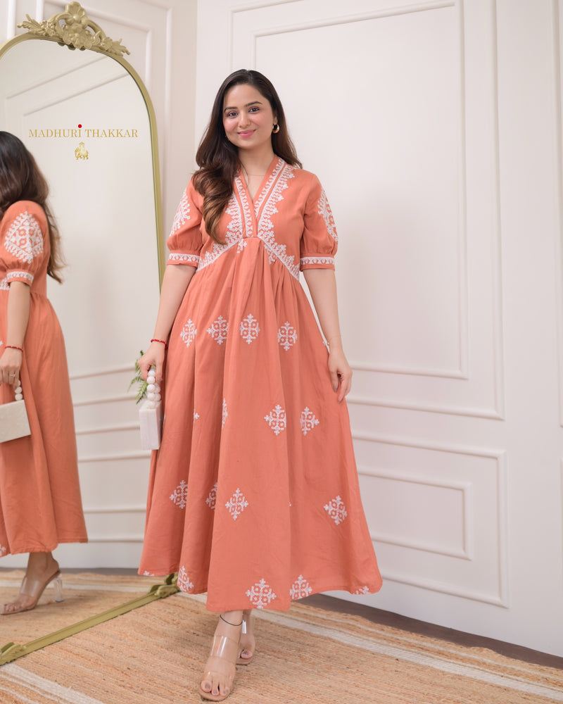 Peach Thread Embroidered A Line Dress