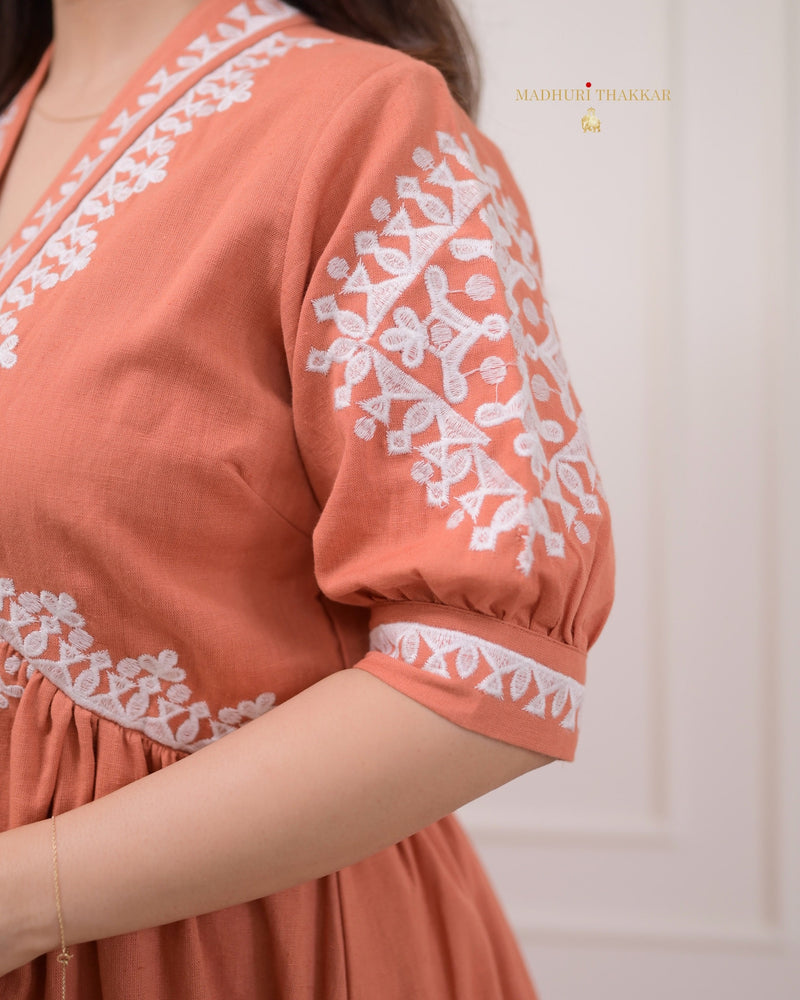 Peach Thread Embroidered A Line Dress