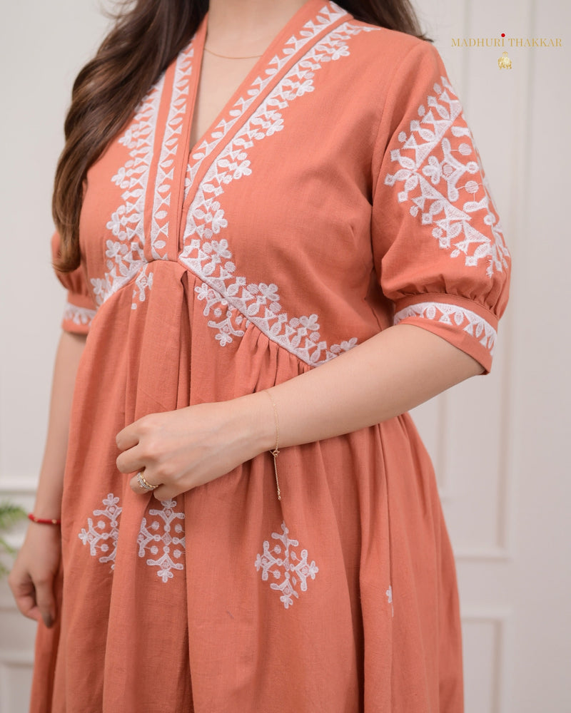Peach Thread Embroidered A Line Dress