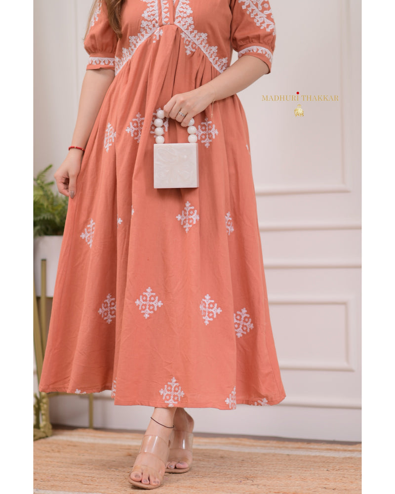 Peach Thread Embroidered A Line Dress