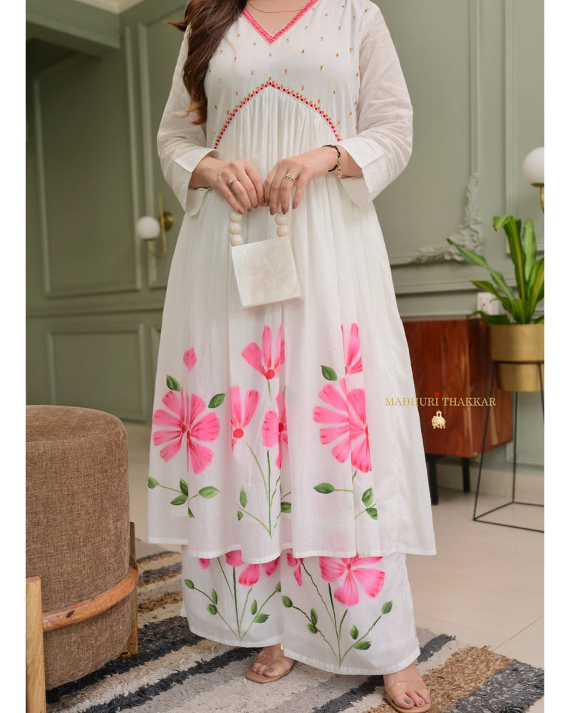 Pink-White A Line Mul Cotton Handwork Suit