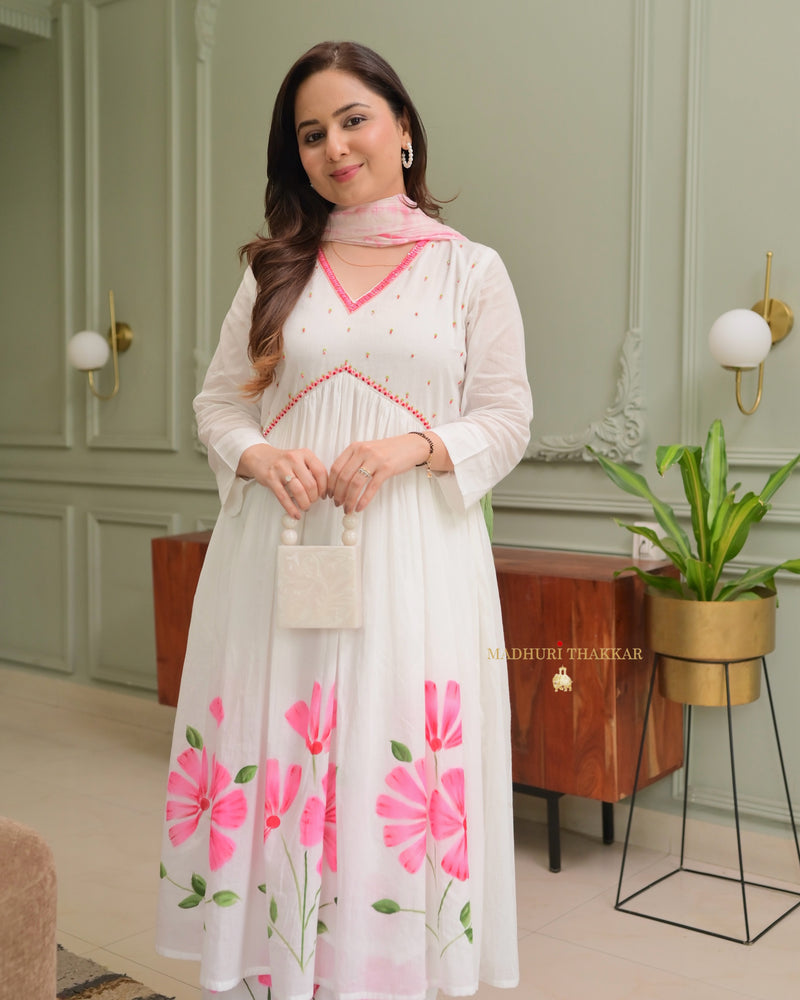 Pink-White A Line Mul Cotton Handwork Suit