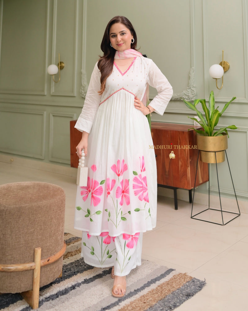Pink-White A Line Mul Cotton Handwork Suit