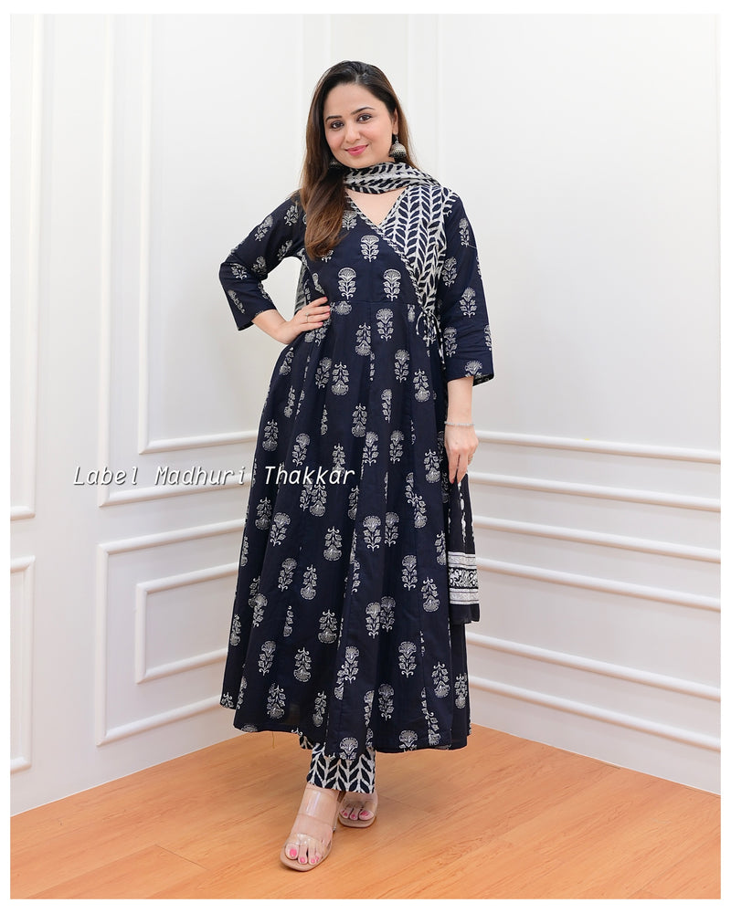 Black - Grey Angarkha Cotton Suit