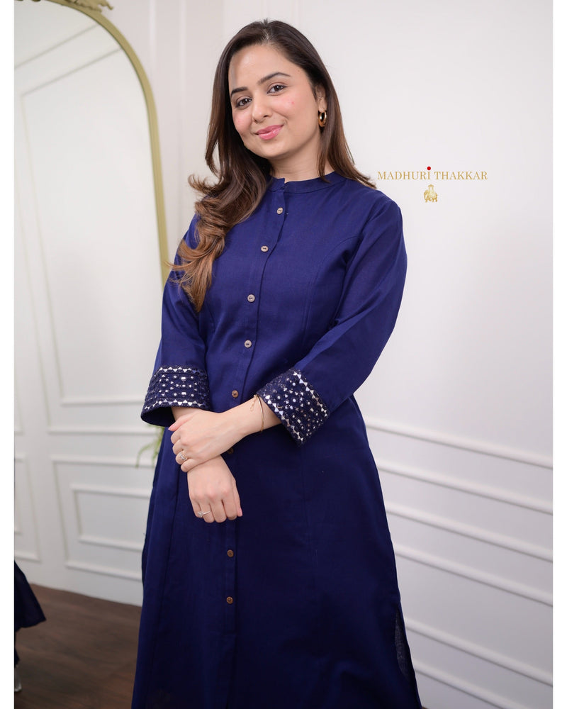 Navy Blue A Line Cotton Kurta Set