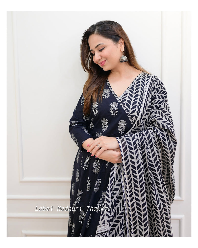 Black - Grey Angarkha Cotton Suit