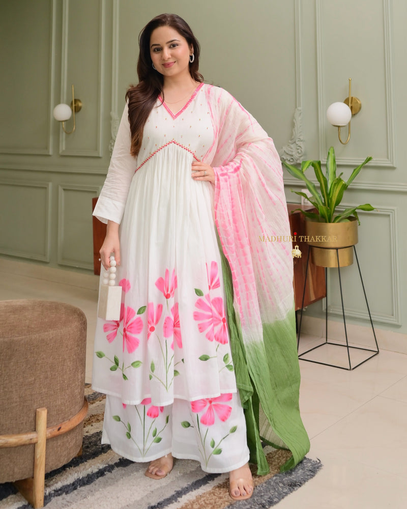 Pink-White A Line Mul Cotton Handwork Suit