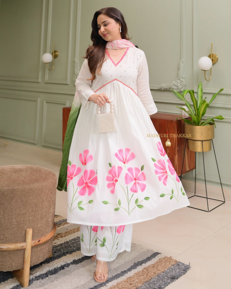 Pink-White A Line Mul Cotton Handwork Suit