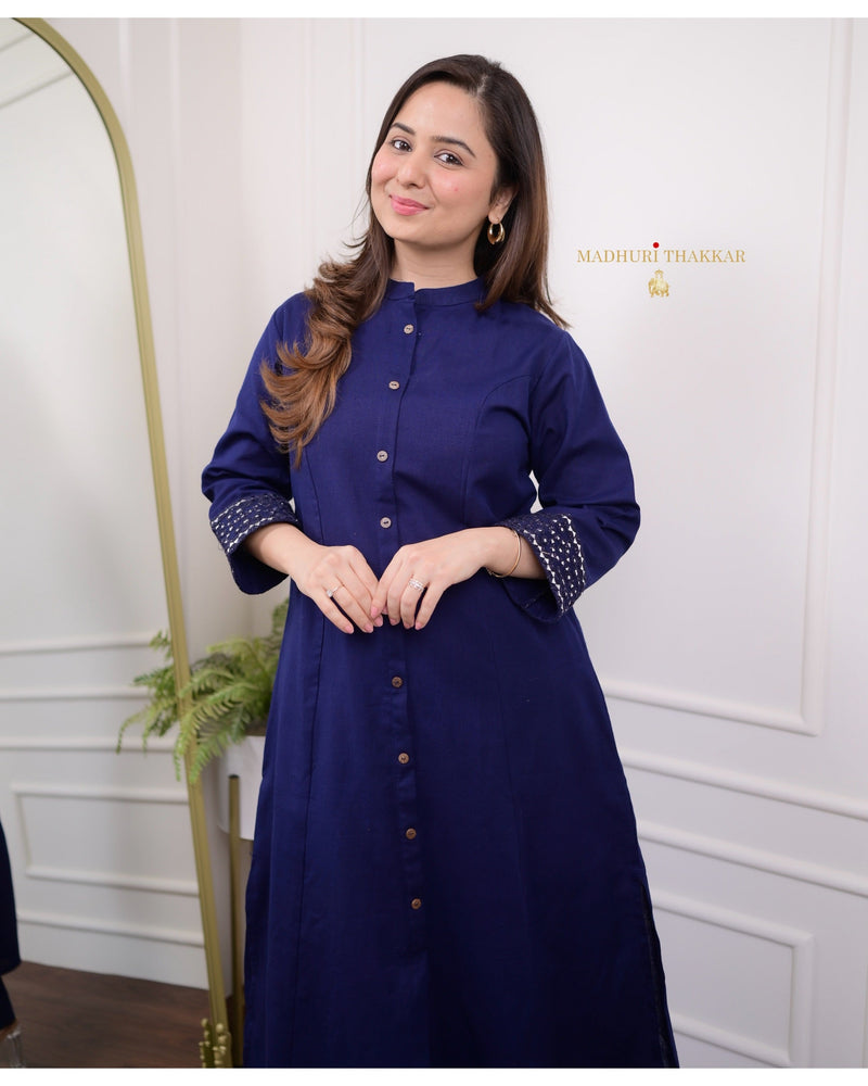 Navy Blue A Line Cotton Kurta Set