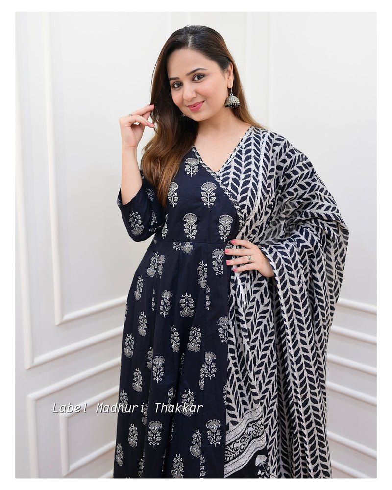 Black - Grey Angarkha Cotton Suit