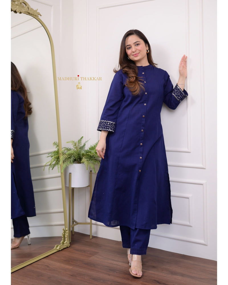 Navy Blue A Line Cotton Kurta Set
