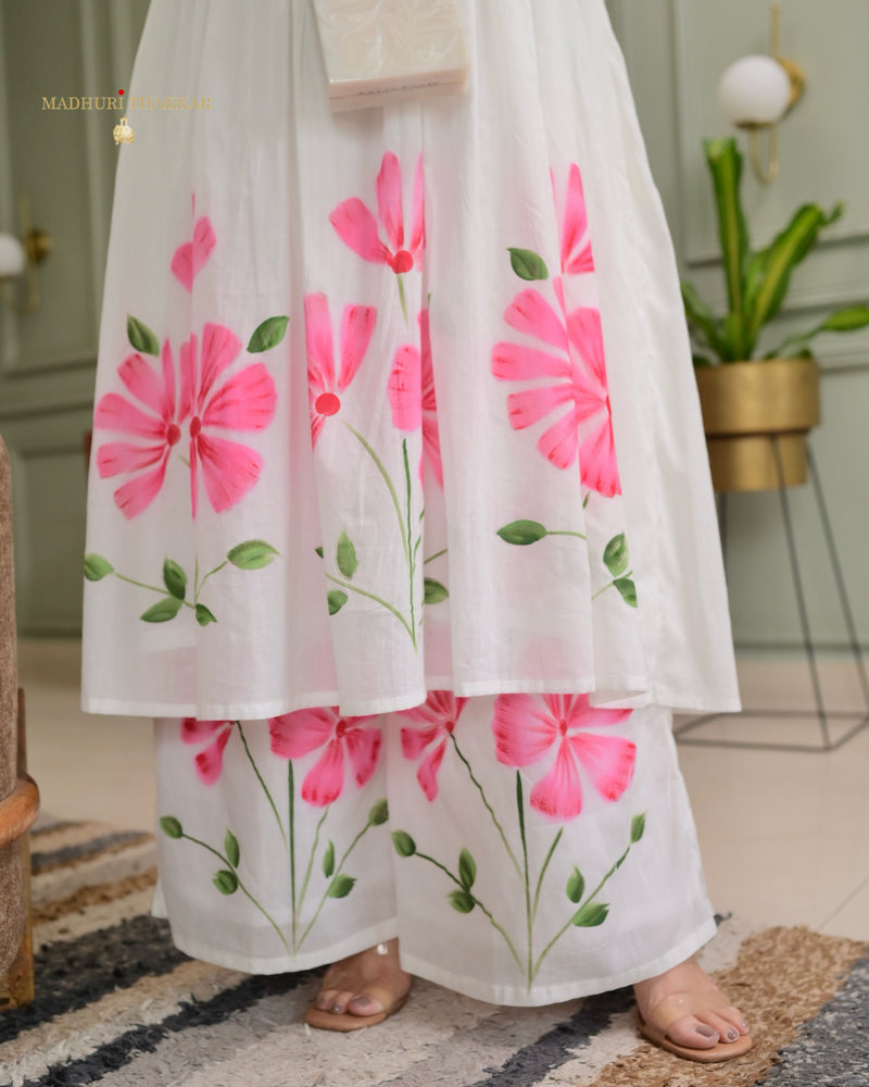 Pink-White A Line Mul Cotton Handwork Suit