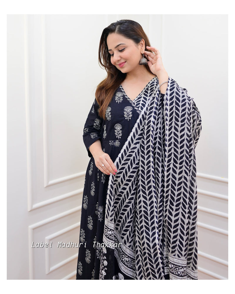 Black - Grey Angarkha Cotton Suit