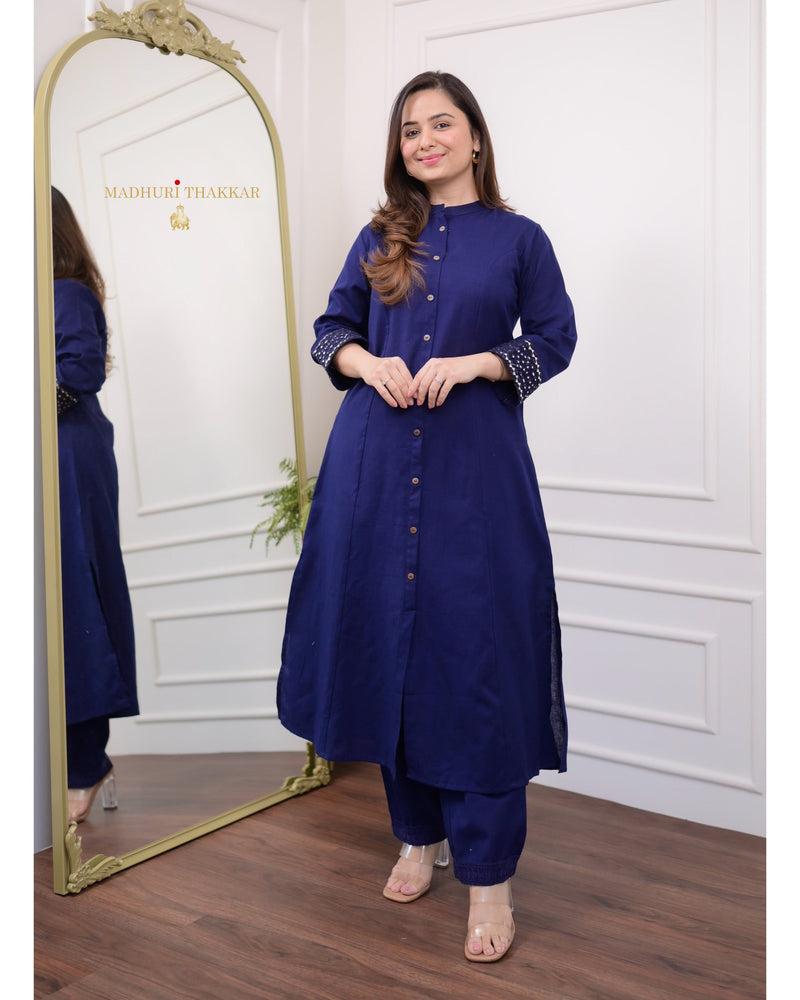 Navy Blue A Line Cotton Kurta Set