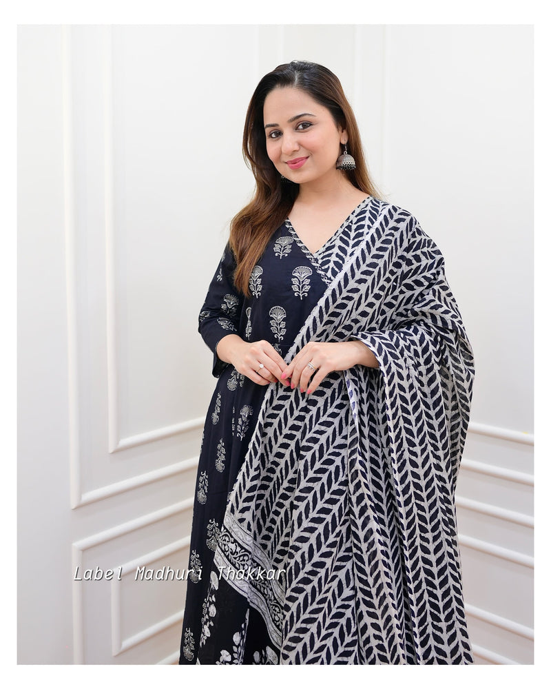 Black - Grey Angarkha Cotton Suit