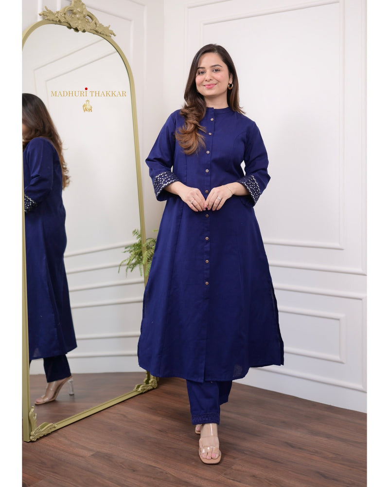 Navy Blue A Line Cotton Kurta Set