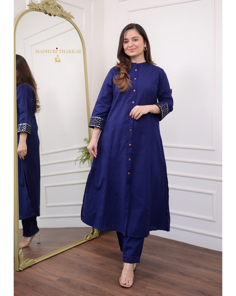 Navy Blue A Line Cotton Kurta Set