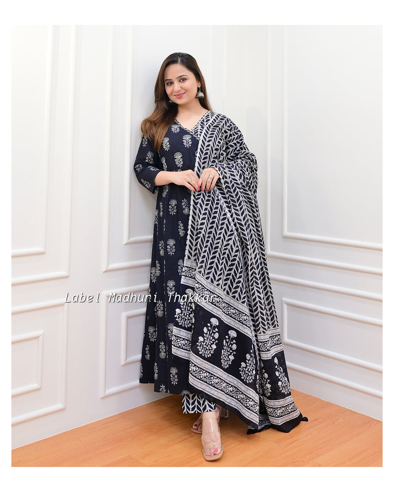 Black - Grey Angarkha Cotton Suit