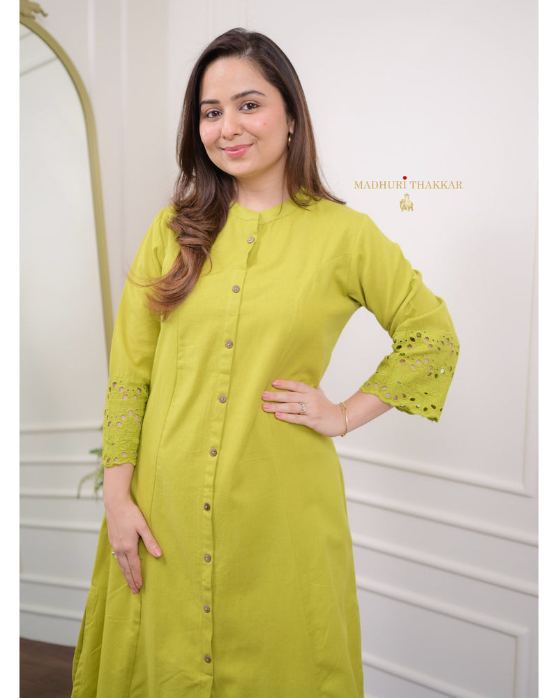 Greenish Yellow A Line Cotton Kurta Set