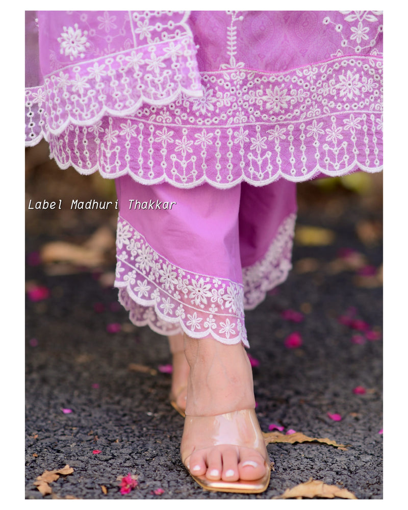 Lavender Self Printed Schiffli V Neck Organza Suit