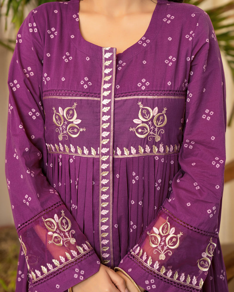 Purple Bandhani Mul Cotton A Line Handwork Suit