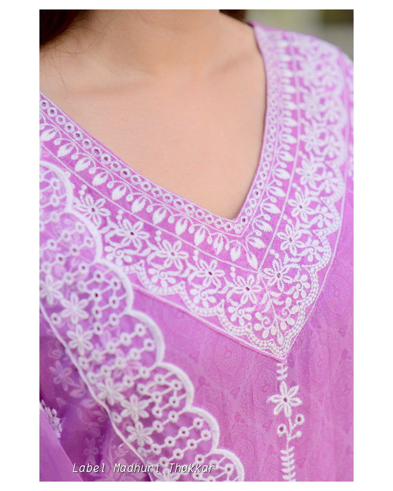 Lavender Self Printed Schiffli V Neck Organza Suit