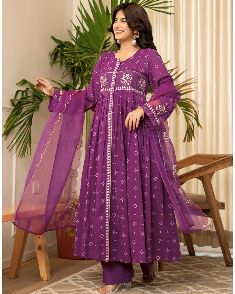 Purple Bandhani Mul Cotton A Line Handwork Suit