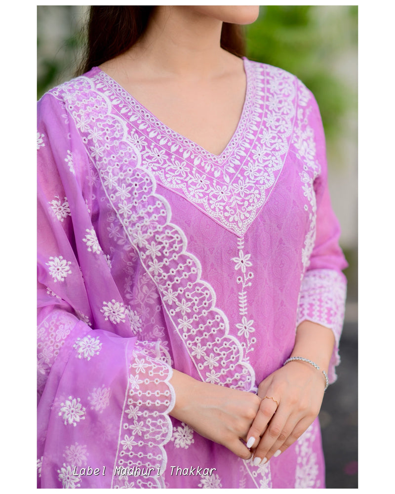 Lavender Self Printed Schiffli V Neck Organza Suit