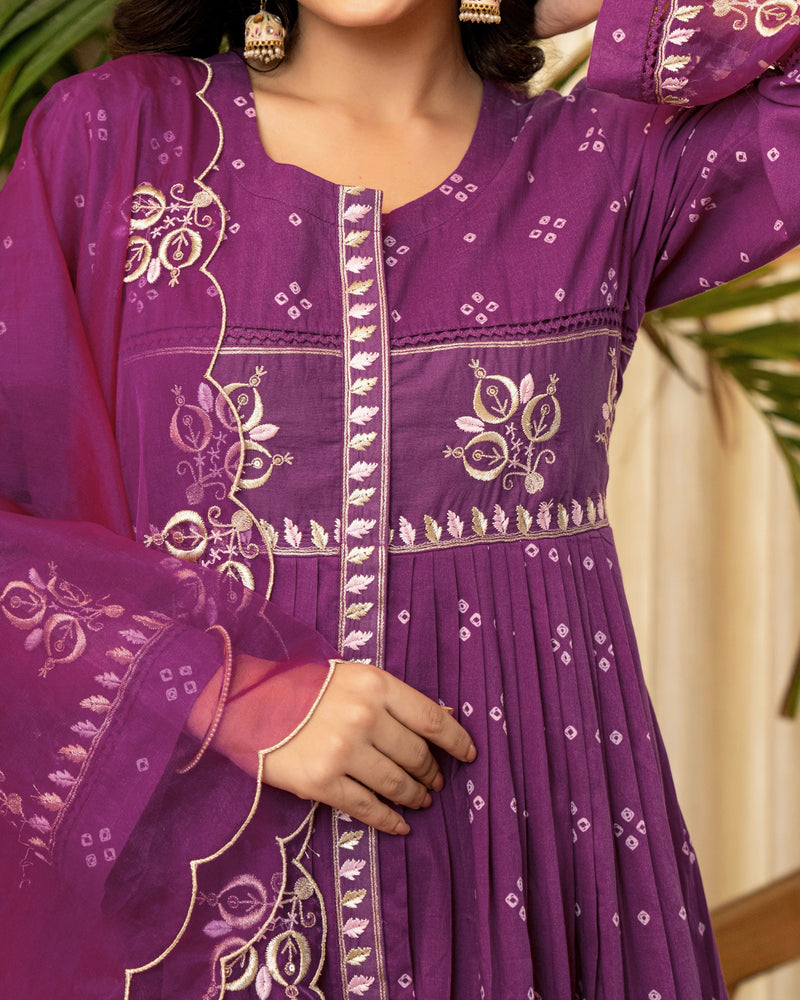 Purple Bandhani Mul Cotton A Line Handwork Suit