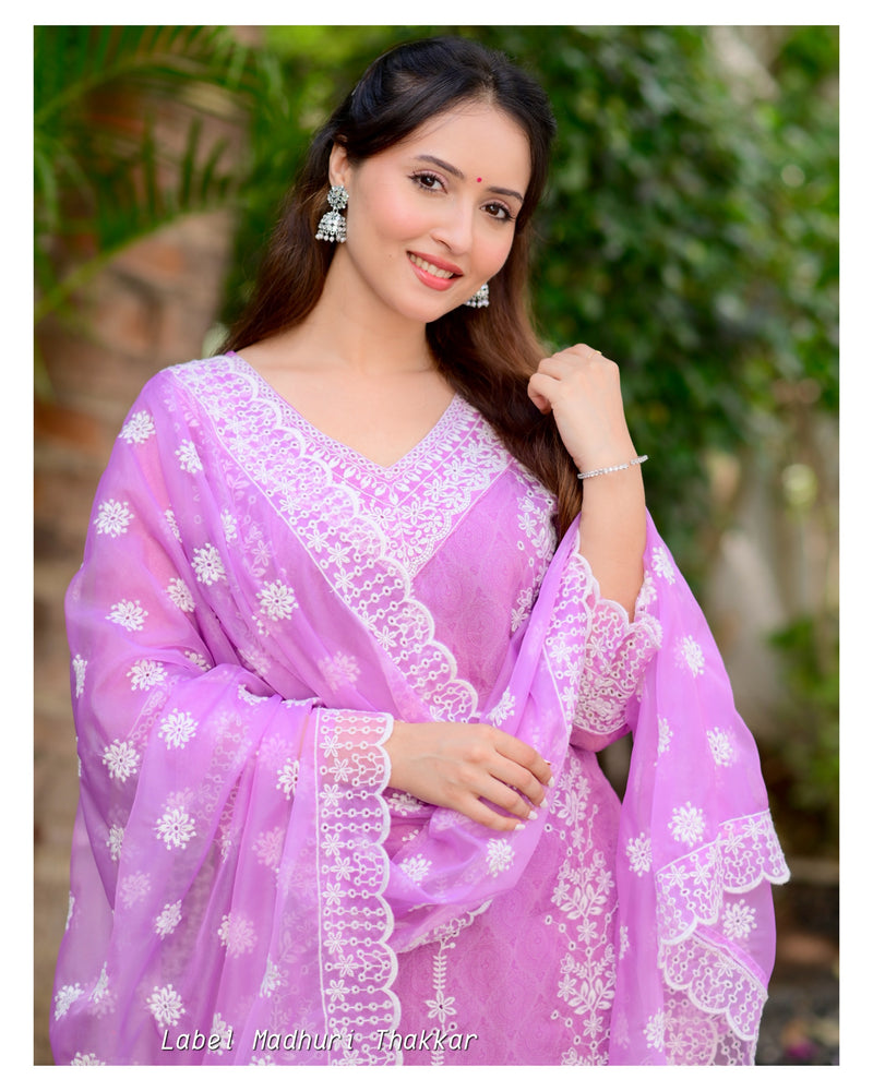 Lavender Self Printed Schiffli V Neck Organza Suit