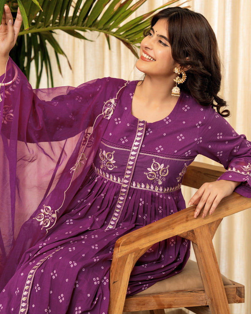 Purple Bandhani Mul Cotton A Line Handwork Suit