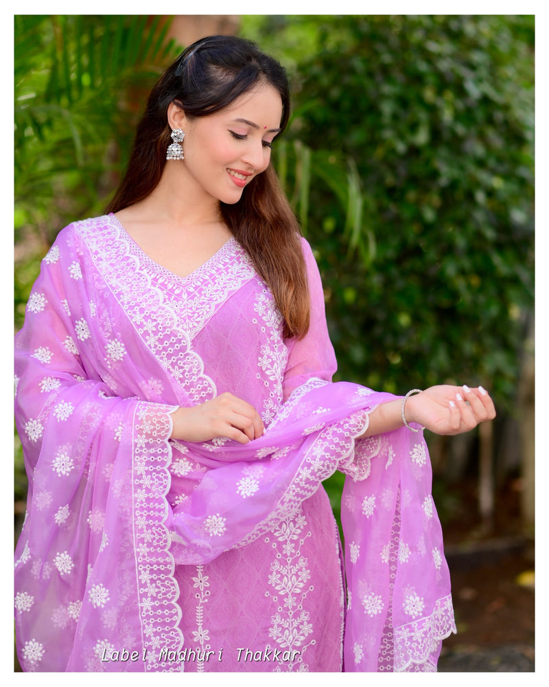 Lavender Self Printed Schiffli V Neck Organza Suit