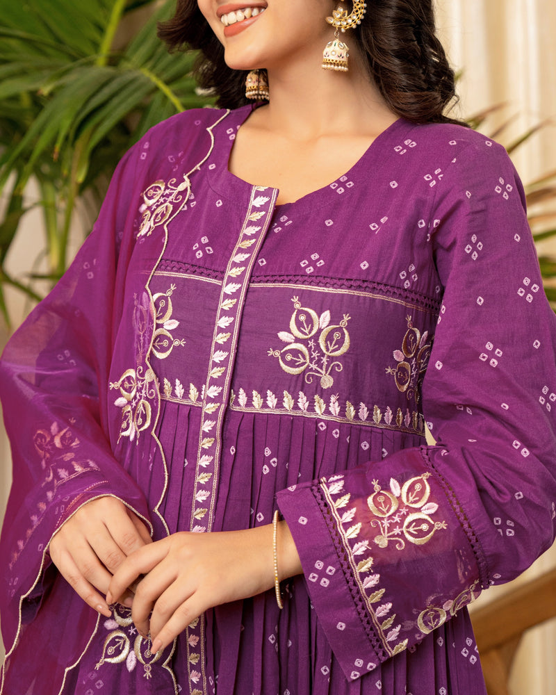 Purple Bandhani Mul Cotton A Line Handwork Suit