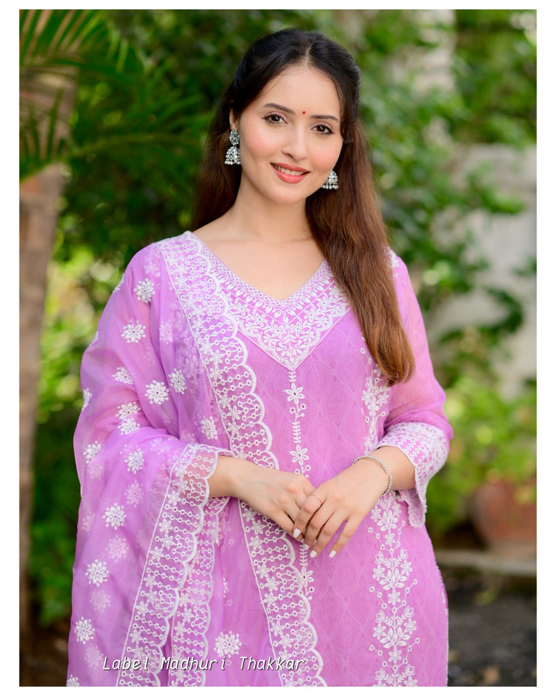 Lavender Self Printed Schiffli V Neck Organza Suit