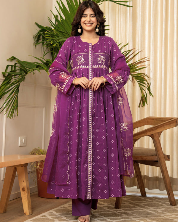 Purple Bandhani Mul Cotton A Line Handwork Suit
